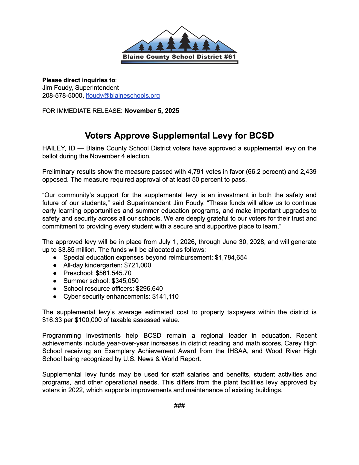  Voters Approve Supplemental Levy for BCSD